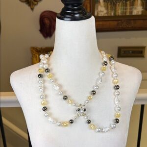 Vintage Double Strand Faux Pearl Necklace White Yellow Grey